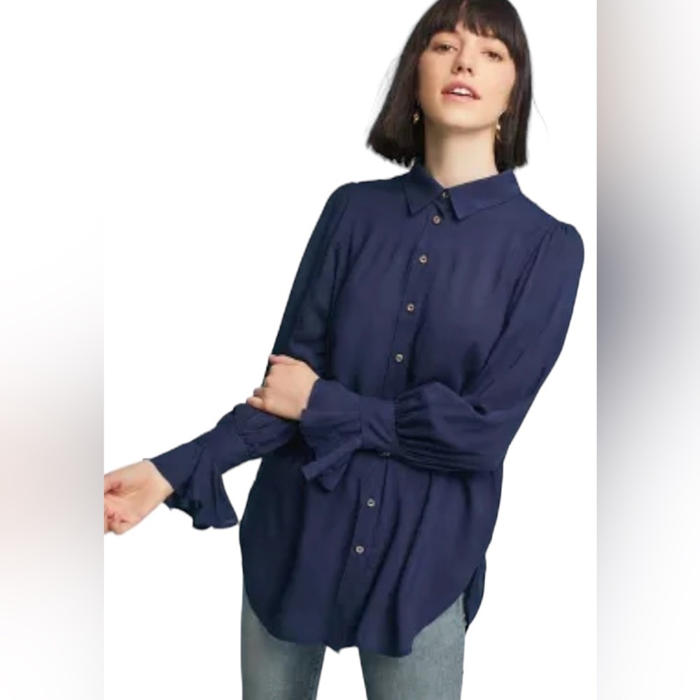 Maeve Anthropologie Dark Blue Ruffled Cuff Button Up Long Sleeve Top Size 4